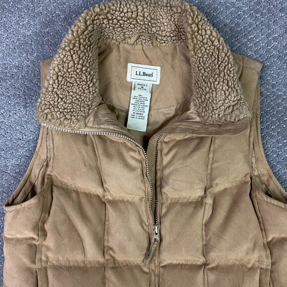 LL Bean Goose Down Puffer Vest Women's Medium Petite Tan Sherpa Collar Full Zip - Picture 4 of 10